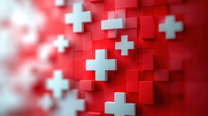 Obraz premium Three-dimensional white plus signs on a glossy red pixelated background creating a dynamic and modern abstract pattern