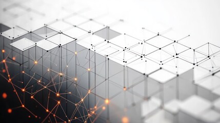 Abstract 3D network structure composed of transparent cubes and connected glowing nodes representing digital or technological connections in a futuristic setting