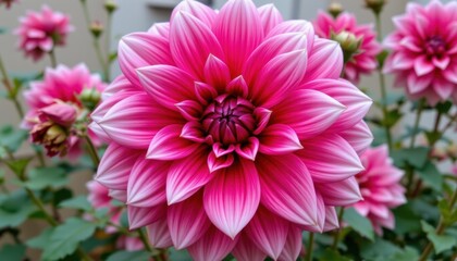 Fototapeta premium Vibrant Pink Dahlia Flower Blooming In A Serene Garden Setting During The Summer Season
