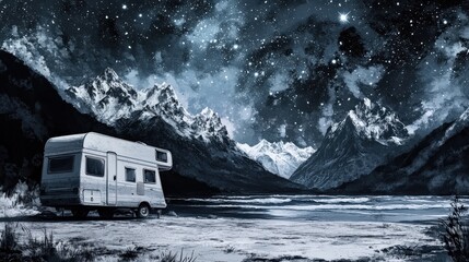 Stunning night landscape with rv under starry sky and majestic mountains