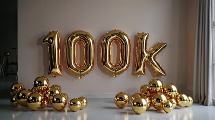 Celebratory golden balloons shaped as 100k with decorative gold spheres in luxurious interior near bright window, milestone festive event