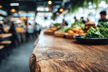 Busy food court, wooden counter