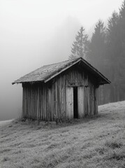 A compact, modern cabin is tucked away in a isolated, foggy countryside with trees stripped of their leaves