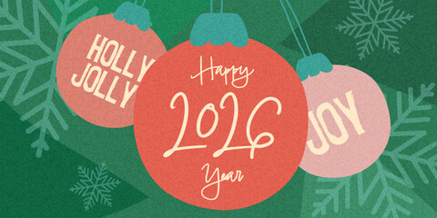 Naklejka premium Modern 2026 New Year banner with textured background, festive balls, snowflakes and abstract elements. For holiday greetings, invitations, advertising templates. Art background