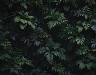 Dark, dramatic foliage pattern; lush, shadowy greens and blacks, deep green, vintage, modern