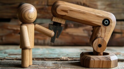 Robotics: A wooden stick figure working alongside a wooden industrial robot, symbolizing the role of robotics and automation in enhancing efficiency within industries.
