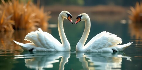 Obraz premium Two majestic swans swim serenely, necks curved, amidst tranquil lake reeds , freedom, nature, scene
