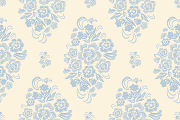 Vintage floral ethnic tapestry modern embroidery texture boho design vector illustration hand drawn silhouette indigo blue flower motif branches leaves wallpaper seamless background border.