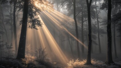 Naklejka premium Nature Misty Monochrome Forest Landscape Scene