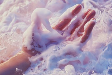 Obraz premium Hand covered in foam, showcasing skincare and hygiene products, promoting cleanliness and self-care routines. use cases: beauty, health