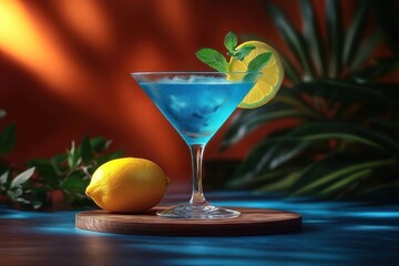 Refreshing blue cocktail in a martini glass garnished with lemon slice and fresh mint leaves placed on a wooden board with a lemon beside it under warm ambient lighting