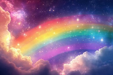 Fototapeta premium Colorful vibrant rainbow stretching across a dreamy night sky filled with sparkling stars and soft glowing clouds creating a magical and serene atmosphere