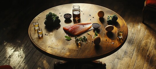 Healthy eating concepts focus on the nutritional value of foods high in omega 3, like red fish steak, olive oil, avocado, walnuts, eggs, flax seeds, chia seeds, and broccoli, promoting a balanced