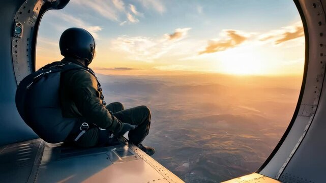 back view of man with skydiving ready for jump over sunset sky background, view from airplane 