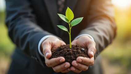 Business Professional Holding a Young Green Plant Seedling in Hands at Sunrise Outdoors
