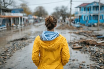 Displaced by flood, a person stands in a yellow jacket observing the devastated streets of a small town in recovery