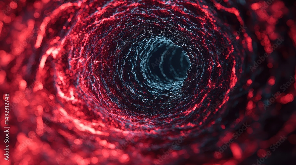 Poster dynamic abstract tunnel of swirling red and blue light in digital space, creating mesmerizing depth 