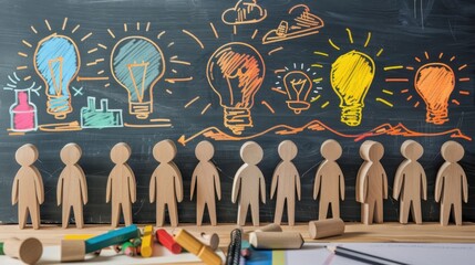 Tech Startup: A group of wooden stick figures gathered around a wooden table, brainstorming and sharing ideas on a whiteboard, highlighting the creative process in tech startups.
