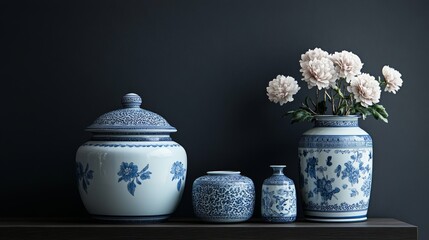 A selection of delicately crafted Chinese ceramics, characterized by intricate blue-and-white patterns, is set against a plain background to illustrate their historical and artistic value