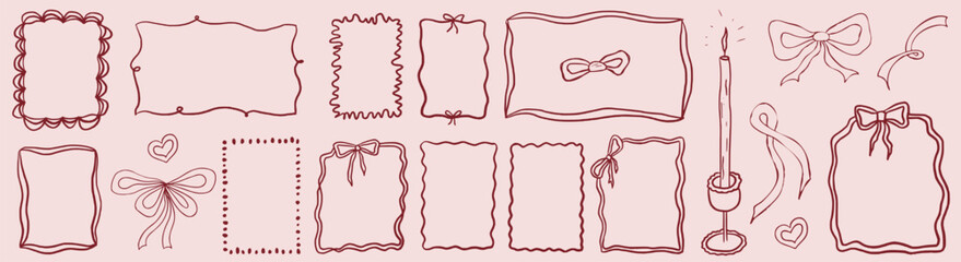 Whimsical frame with bow and curly line. Elegant frame vintage coquette style. Whimsical vintage french outline design.