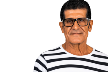 Older Hispanic man wearing glasses, headshot, cut out transparent