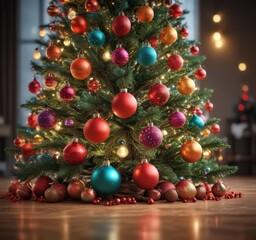 Vibrant baubles adorn a glowing Christmas tree, bokeh lights surround ,  celebration,  xmas,  sparkle