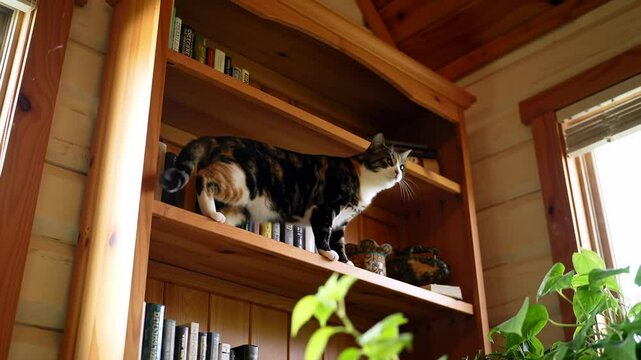 A calico cat gracefully balances on a wooden shelf in a cozy cabin, surrounded by books and plants - calico calico cat