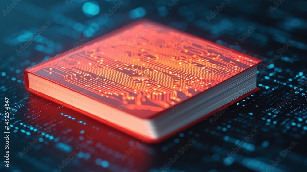 Poster future technology concept of book with circuit patterns on abstract digital background