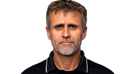 Mature adult portrait, gray hair and beard, direct gaze, isolated, cut out transparent