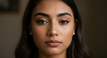 Fototapeta premium Close-up Portrait of a Young Woman with Deep Brown Eyes and Soft Makeup, Featuring Natural Beauty and Subtle Elegance