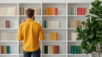 Man in Yellow Shirt Standing Before Organized Bookshelf with Colorful Book Covers and Houseplant in Modern Interior