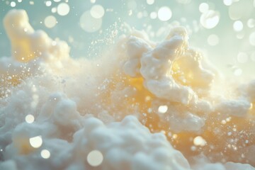 Fluffy foam with bokeh lights, ideal for cosmetic ads, skincare product displays, or spa promotions, enhancing visual appeal and brand message