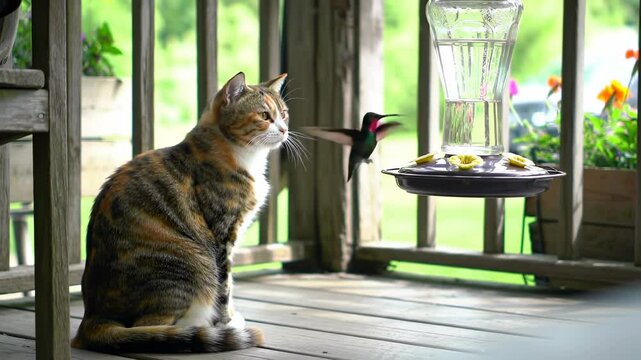 A serene calico cat sitting on a wooden porch, observing a hummingbird feeder in a lush garden - calico calico cat