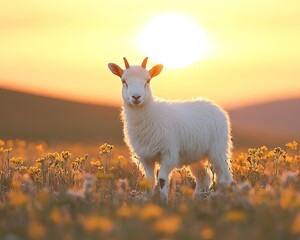 Obraz premium Cute lamb in a field at sunset