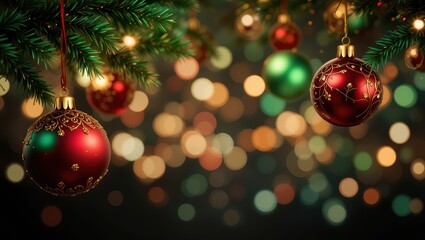 Colorful Christmas Ornaments Hanging from Green Pine Branches with Bokeh Background