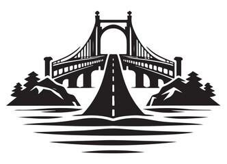 Suspension Bridge Over Water Vector Graphic Art Illustration