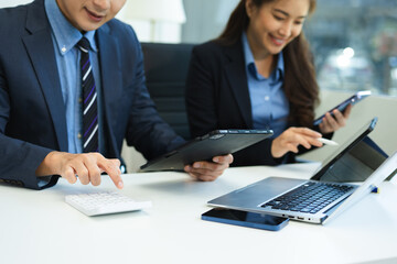 Business team meeting. professional investor working new start up project. Finance task. with smart phone and laptop and digital tablet