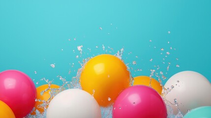Colorful Water Splash with Pink, Yellow, White, and Orange Balls Against a Bright Turquoise Background