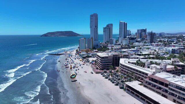 Aerial Mexico Mazatlan beach resort vacation 3. Seaport cargo, automobiles, fishing and cruise ships. Luxury resort Mexican Riviera. Ocean tropical vacation business. Beach recreation. m