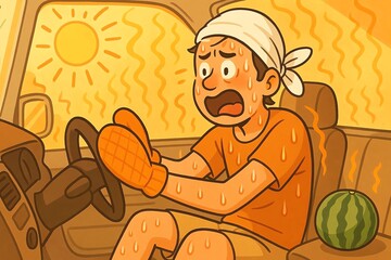 車内灼熱地獄のイラスト、炎天下に駐車した車に乗り込んだ瞬間、蒸し風呂のような熱気、ハンドルが熱すぎてミトン装着、サウナのようにタオルを巻いている

