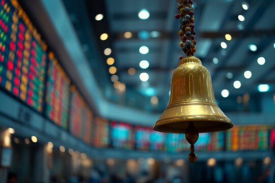 An image of a traditional stock market bell is photographed, symbolizing the beginning or end of a trading day on a busy floor of a stock exchange