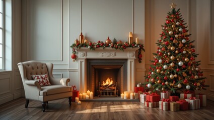 Cozy Christmas Living Room with Decorated Tree, Warm Fireplace, and Festive Atmosphere