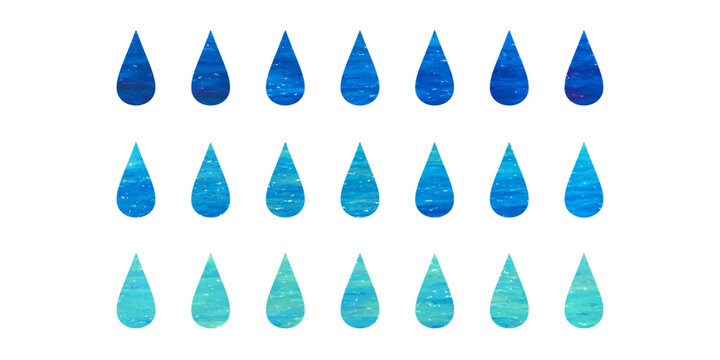 青色の水彩、パステル風の美しい雫、しずく、雨、水のベクターイラスト