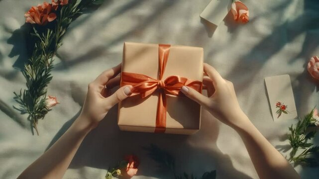 Woman gently adjusts an orange ribbon on a beige gift box, surrounded by flowers, cards, and soft shadows on a white fabric background, creating a delicate and heartwarming scene