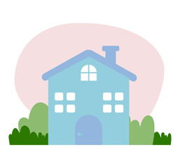 A simple, bright village house in a flat, cartoon style.