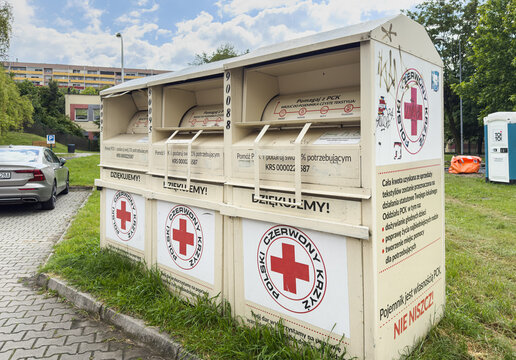 05.19.2025, Zory, Poland, Used Clothing Collection Containers in Residential Area of Żory