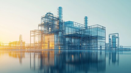 Fototapeta premium Futuristic Industrial Facility Blueprint, Abstract Architectural Design, Vibrant Digital Rendering