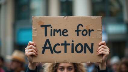 Demonstration with Diverse Group of Individuals Holding Sign That Says Time for Action