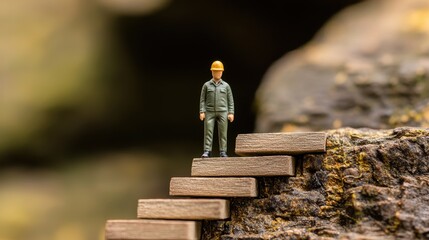 Tiny Worker Figure Climbing Steps in Nature with Soft Focus Background for Conceptual Growth and Aspirations