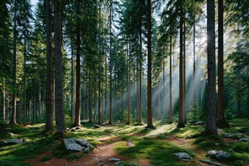 Obraz premium Sunlight streaming through tall trees in a serene forest setting during the morning hours